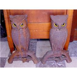 Pr Vintage Cast Iron Owl Andirons Glass Eyes #974755