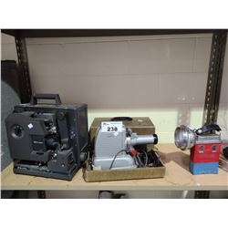 BELL & HOWELL VIDEO CAMERA, VIEWLEX PROJECTOR, & KOEHLER FLASHLIGHT