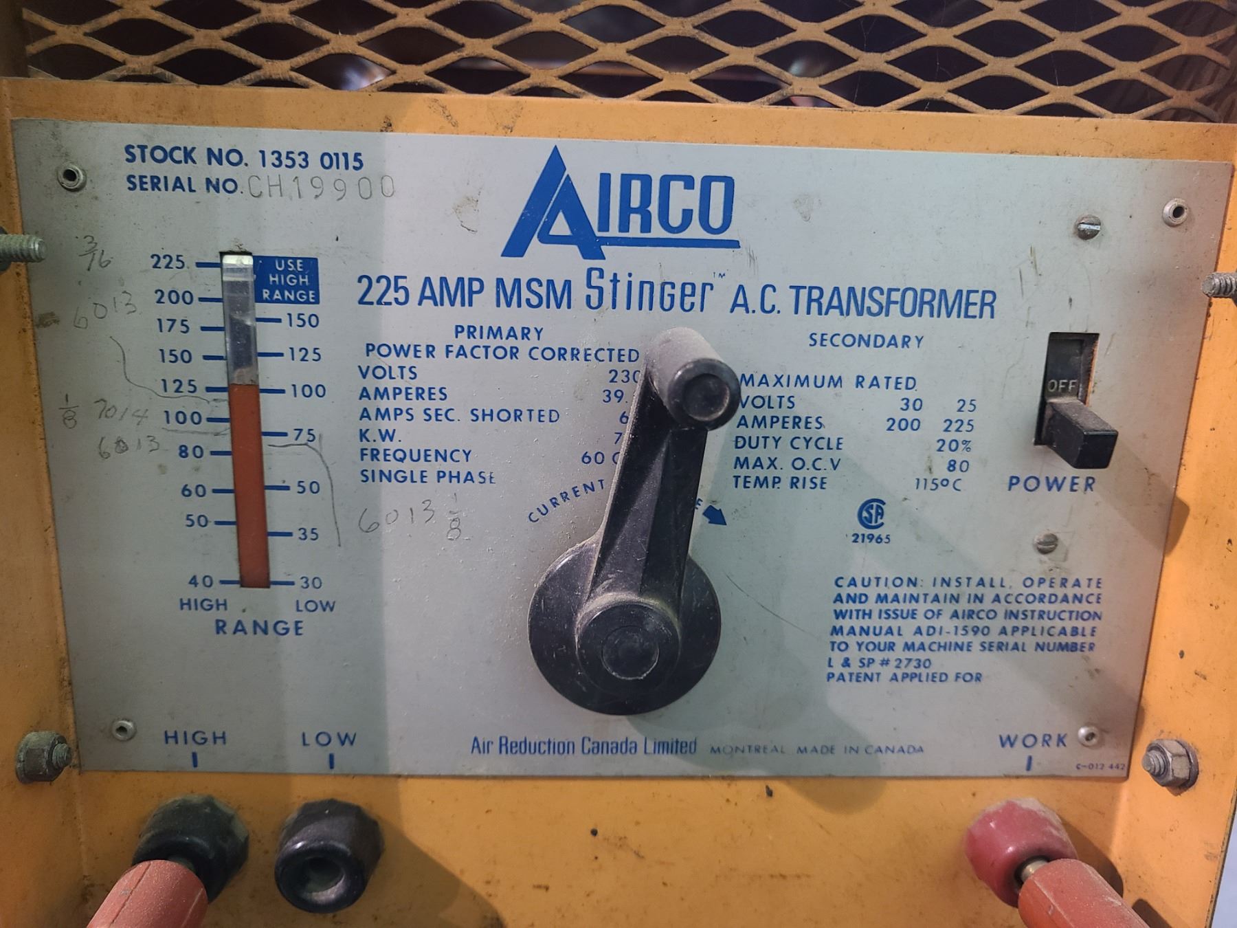 AIRCO 225 AMP MSM STINGER A.C. TRANSFORMER STOCK NO. 1353 0115