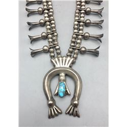 Vintage Sterling Silver and Turquoise Squash Blossom Necklace