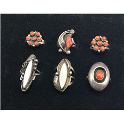 Six Vintage Rings Coral and Mother of Pearl