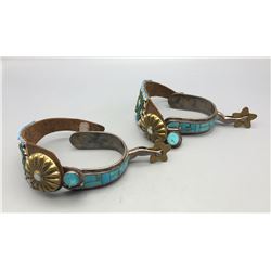 Sterling Silver Turquoise Inlay Spurs with Beaded Straps