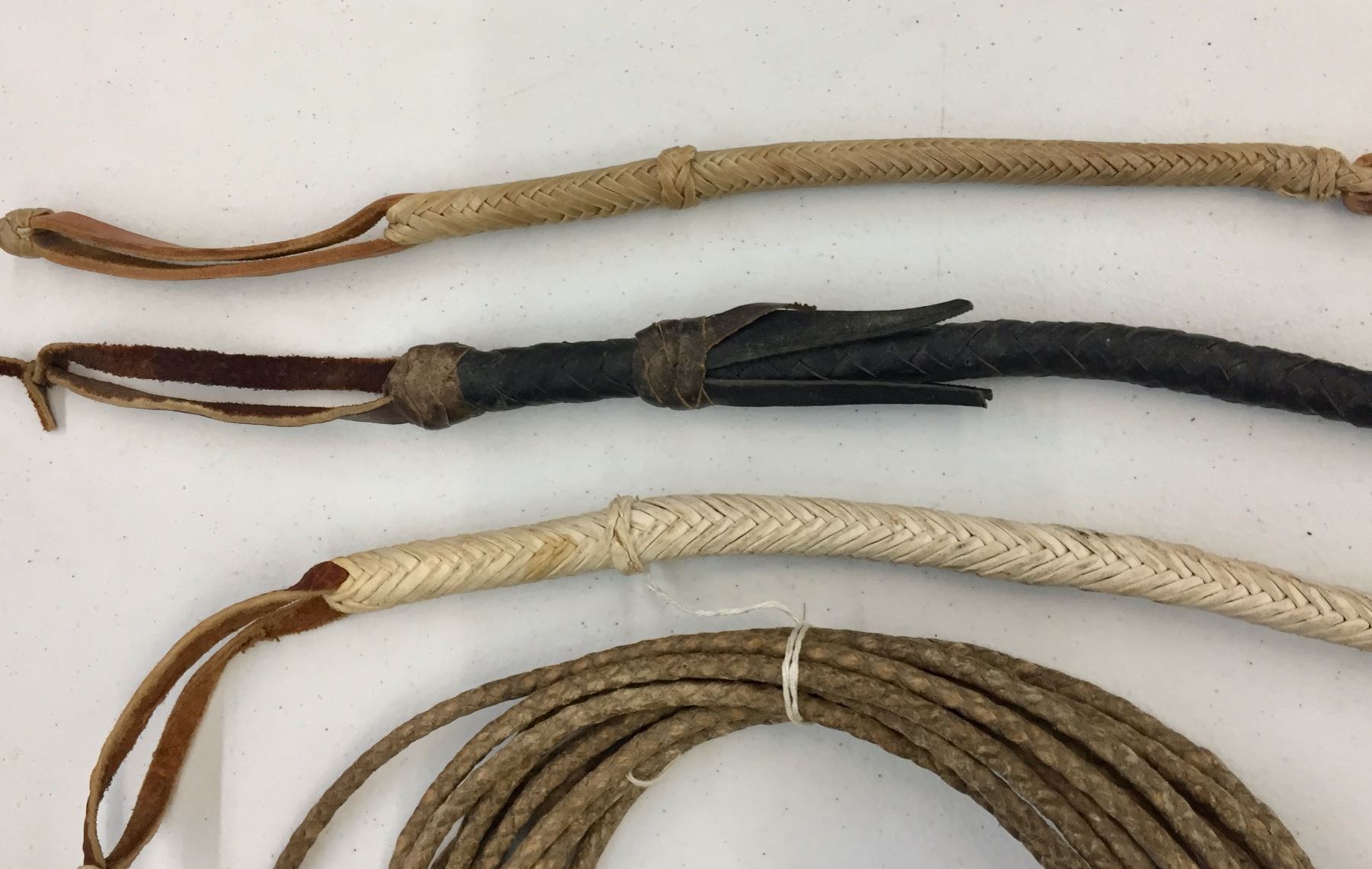 Rawhide Riata and 3 Hand Braided Quirts