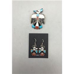 Vintage Zuni Inlay Pin and Earrings