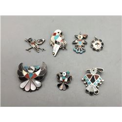 Group of 7 Vintage Zuni Inlay Pins and Pendants