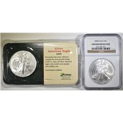 2008 NGC GEM UNC & 2009 BU AMERICAN SILVER EAGLES