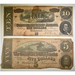 1864 $5 & $10 CONFEDERATE NOTES