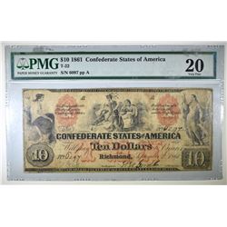 1861 $10 CONFEDERATE NOTE PMG 20 T-22