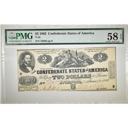 1862 $2 CONFEDERATE NOTE, PMG 58 EPQ