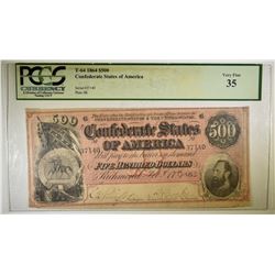 1864 $500 CONFEDERATE NOTE T-64 PCGS VF-35