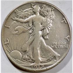 1938-D WALKING LIBERTY HALF DOLLAR, VF