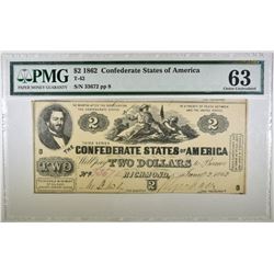 1862 $2 CONFEDERATE NOTE PMG 63 T-42