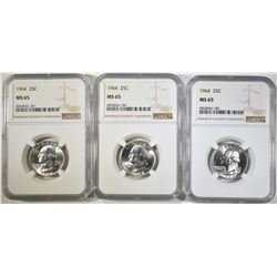 (3) 1964 WASHINGTON QTR NGC MS65