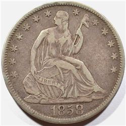 1858-O SEATED LIBERTY HALF DOLLAR XF
