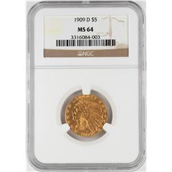 1909-D $5 Indian Head Half Eagle Gold Coin NGC MS64