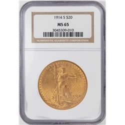 1914-S $20 St. Gaudens Double Eagle Gold Coin NGC MS65