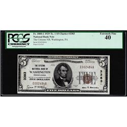 1929 $5 NB of Washington, PA CH# 3383 National Currency Note PCGS Extremely Fine 40