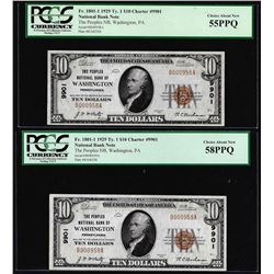 (2) Consec. 1929 $10 Washington, PA CH# 9901 National Notes PCGS Choice AU 55/58PPQ