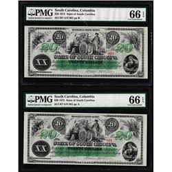 Matching Low Serial 1872 $20 South Carolina Obsolete Notes PMG Gem Uncirculated 66EPQ
