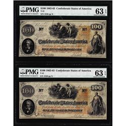 (2) Consecutive 1862 $100 Confederate States of America Notes PMG Ch. Uncirculated 63EPQ