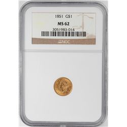 1851 $1 Liberty Head Gold Dollar Coin NGC MS62
