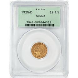 1925-D $2 1/2 Indian Head Quarter Eagle Gold Coin PCGS MS60 Old Green Holder