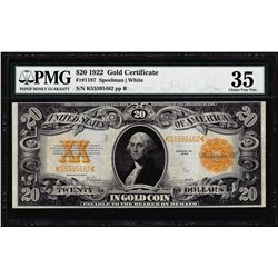 1922 $20 Gold Certificate Note Fr.1187 PMG Very Fine 35
