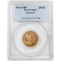 1914-VBP Denmark 20 Kroners Gold Coin PCGS MS67