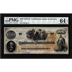 1862 $100 Confederate States of America Note T-41 PMG Choice Uncirculated 64EPQ