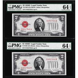 Lot of (2) Consecutive 1928D $2 Legal Tender Notes Fr.1505 PMG Choice Uncirculated 64EPQ