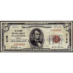 1929 $5 Citizens NB of Evansville, IN CH# 2188 National Currency Note