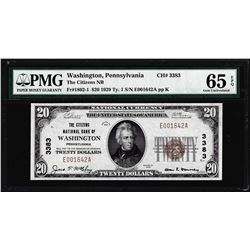 1929 $20 Citizens NB Washington, PA CH# 3383 National Note PMG Choice Gem Unc 65EPQ