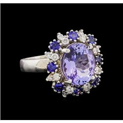 14KT White Gold 4.75 ctw Tanzanite, Sapphire and Diamond Ring