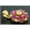 Image 2 : 14k Yellow Gold Flower Pendant 2.10 ctw Oval Blood Red Rubies Bezel Set Diamonds