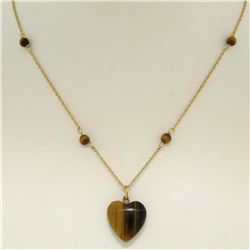 14K Yellow Gold 16  Double Cable Link Chain w/ Tiger's Eye Heart Pendant & Beads