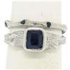 Image 2 : 18K White Gold Emerald Sapphire Bezel Solitaire Ring Band Set