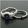 Image 3 : 18K White Gold Emerald Sapphire Bezel Solitaire Ring Band Set
