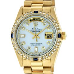 Rolex Mens 18K Yellow Gold MOP String Diamond & Sapphire Quickset President Wris
