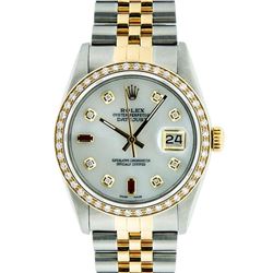 Rolex Mens 2 Tone 14K Mother Of Pearl Diamond 36MM Datejust Wristwatch