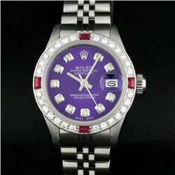 Rolex Ladies Stainless Steel Purple Diamond & 18K Gold Ruby Bezel Datejust