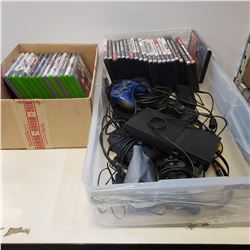 TOTE OF PS2 CONSOLES W/ PS2 AND XBOX GAMES AND ACCESSORIES