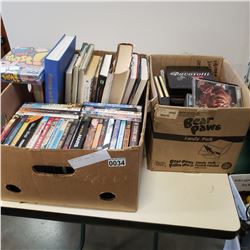 BOX OF DVDS, BOOKS, AND CDS