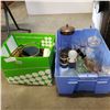 Image 1 : BLUE BIN OF DECANTERS CANNISTERS, GLASSES, AND MCM ICE BUCKET AND BOWL SET