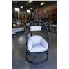 Image 1 : BRAND NEW OUTDOOR MODERN FOLDABLE HANGING CHAIR W/ GREY CUSHIONS - RETAIL $949 AND RATED FOR 300LBS