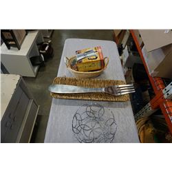 BASKET OF JEWELLERY, COLLECTIBLES, AND GLASSES AND GIANT METAL FORK, WICKER TRAY, METAL FRUIT BOWL,