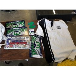 RARE DEFUNCT HARTFORD WHALERS LOT POLO SHIRT, 4 LICENSE PLATES, 2 FRAMES, 3 JERSEY PATCHES - RETAIL 