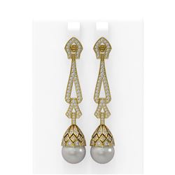 3 ctw Diamond & Pearl Earrings 18K Yellow Gold