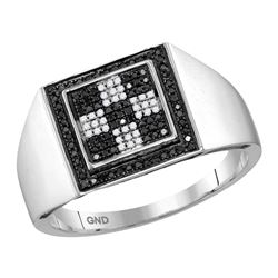 10kt White Gold Mens Round Black Color Enhanced Diamond Checkered Square Cluster Ring 1/4 Cttw