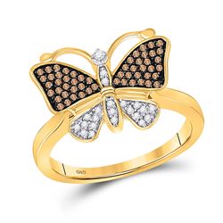 10kt Yellow Gold Womens Brown Round Diamond Cluster Butterfly Bug Ring 1/5 Cttw