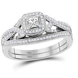 10kt White Gold Womens Diamond Princess Bridal Wedding Engagement Ring Band Set 3/8 Cttw